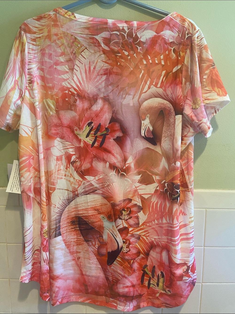 🌸Coral Bay Pink Flamingo & Tropical Floral V-Neck Short Sleeve Top Size 2X - Picture 2 of 7